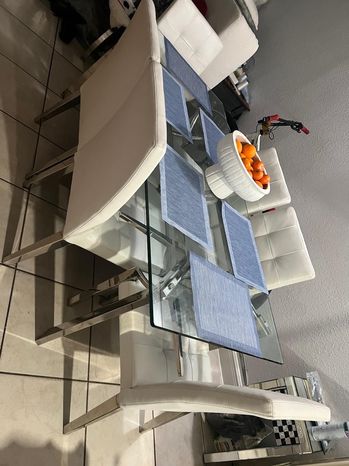 Modern Glass Dining Table Set with 6 White Chairs