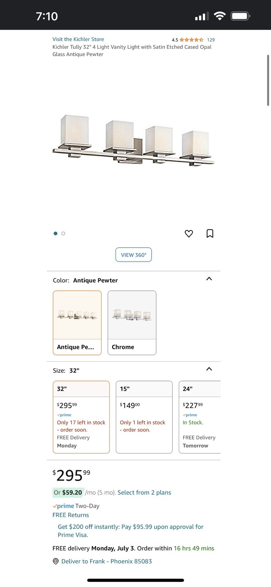 Kichler Tully 32" 4 Light Vanity Light With Satin Etched Cased Opal Glass Antique Pewter 4 Light Antique Pewter