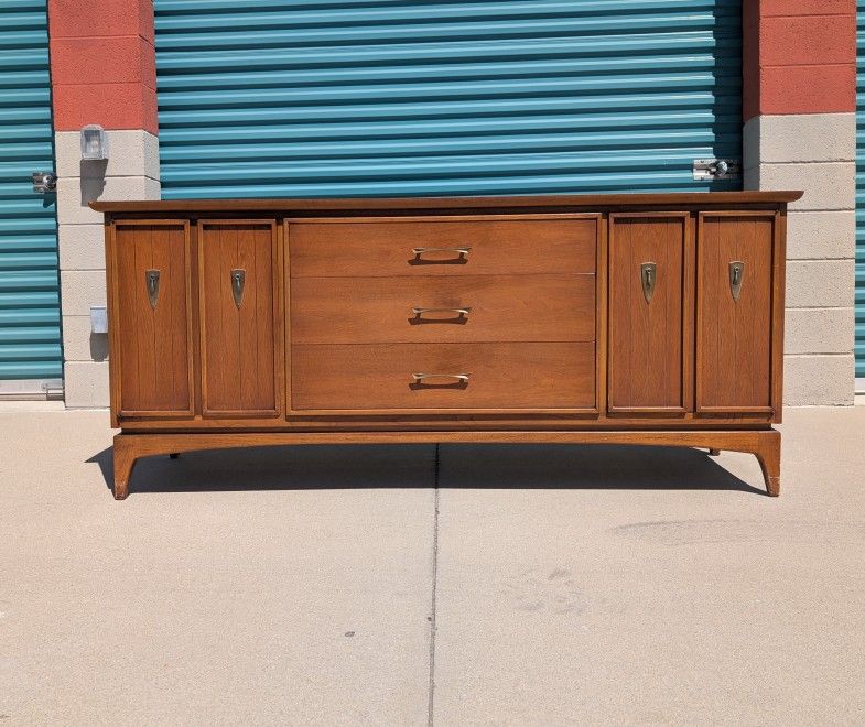 Vintage Mid Century Kent Coffey "The Wharton" Walnut and Stainless 9 Drawer Lowboy Dresser, c1960s