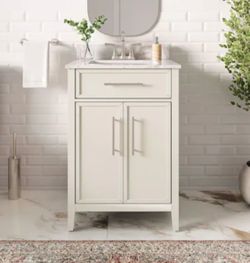 Origin 21 Sybil 24-in Bone White Undermount Single Sink Bathroom Vanity with White Calacatta Veined Engineered Stone Top (Fully Assembled)