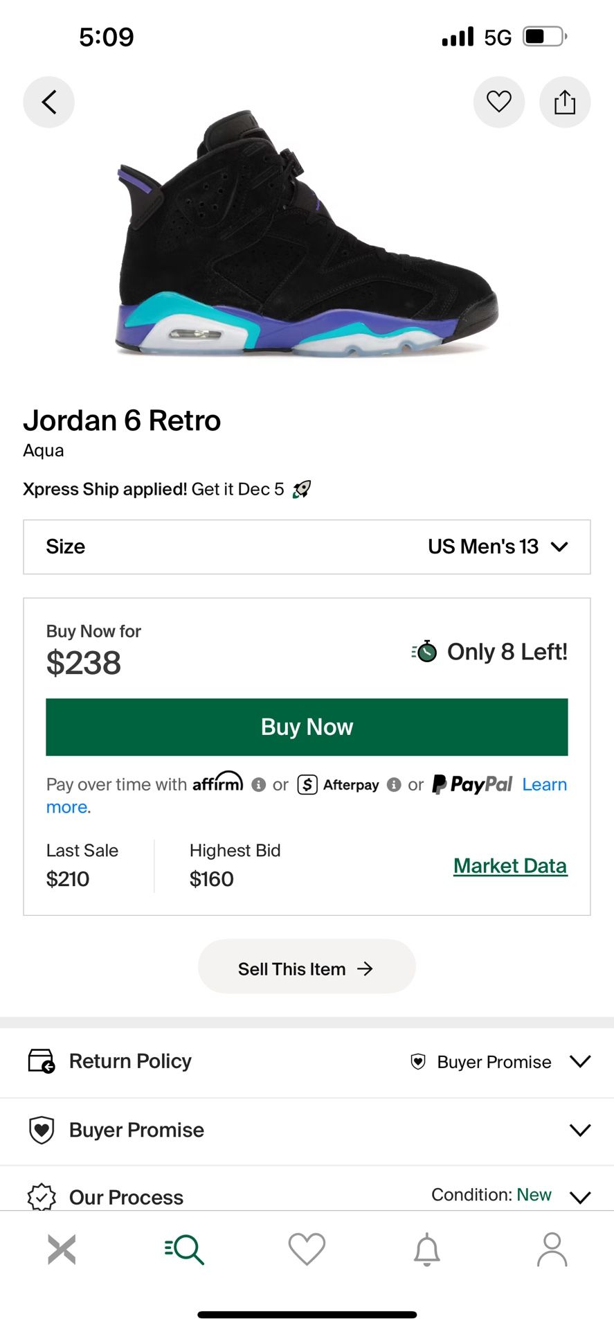 Jordan 6 Aqua Size 13