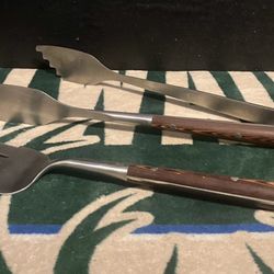 2 Pc BBQ Tool Set (Tong & Slotted Turner), Ashwood & Stainless Steel.