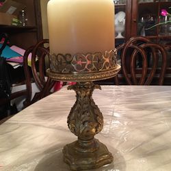 Antique Solid Brass On Wood Candle Holder, 6” Diameter, 12” Standing, Total 26” Height With Candle