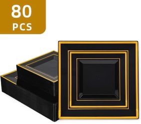 Brolifon 80-Piece Black and Gold Square Plastic Plate Set