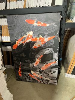 Modern Koi Fish Canvas Wall Art 48” x 32” Large Abstract Japanese Koi Painting Black & Gray Gallery Wrapped Canvas
