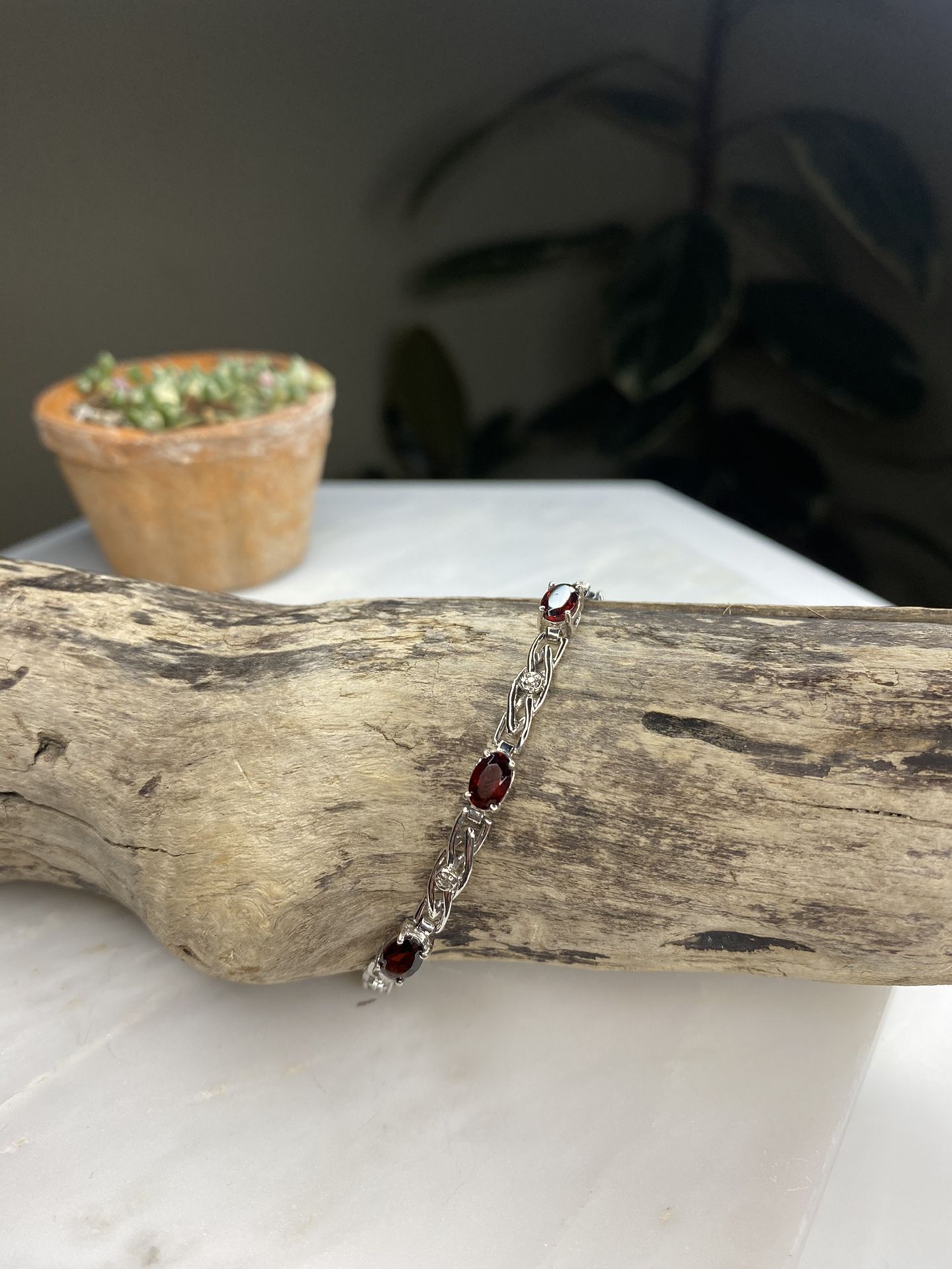 Real 10kt White Gold Garnet & Diamond Bracelet