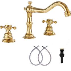 8-16 inch Two Handles 3 Holes Widespread Bathroom Sink Faucet Gold Basin Mixer Tap Faucet Matching Metal Pop Up Drain with Overflow