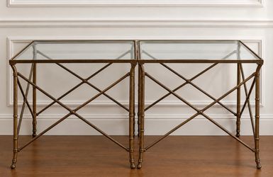 Pair of Gold Faux Bamboo Glass Top Side Tables