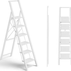 6 Step Ladder, Folding Step Stool with Handgrip and Anti-Slip Wide Pedal, Portable Lightweight Aluminum Stepladder for Kitchen, Home, Library, Office 