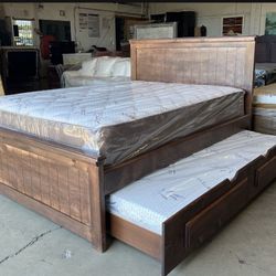 Queen Bed W Twin Trundle And 2 Mattresses 