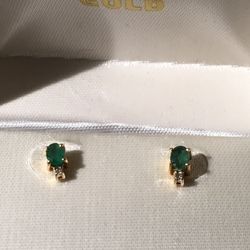 14K Gold Natural Emerald and Diamond earrings