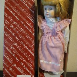 San Francisco Music Box Company 12” Porcelain Doll Pink Stripe Dress Bonnet