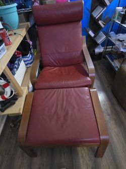2 Red Leather IKEA Poang Chairs & 1 Red Leather Ottoman 