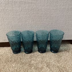 4 Anthropologie Bombay Handblown Glass Tumblers (teal/blue)