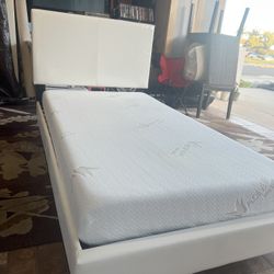 White Upholstered Twin Bed with 8” Memory Foam Mattress