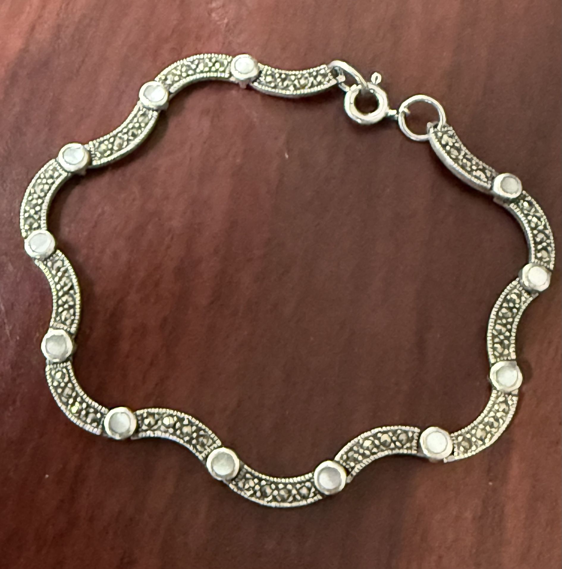 Marcasite Sterling Silver And Mother of Pearl Wavy Bracelet