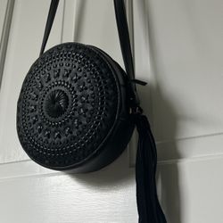 Black Round Crossbody Bag With Woven Detail & Tassel