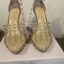 Jessica Simpson Nude/Clear Heels with Gold Spikes