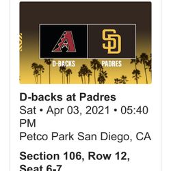 Dbacks Vs Padres - Saturday April 3rd - Section 106