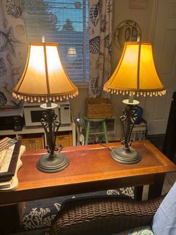 Pair of Bronze Table Lamps with Beaded Shades