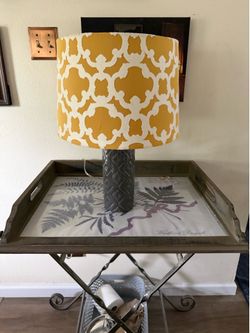 Fun Table Lamp with Patterned Yellow Shade & Dark Gray Base
