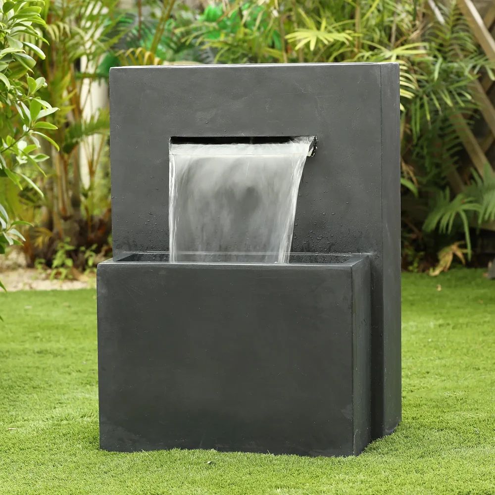 Waterfall Outdoor Fountain with LED Lights – Modern Gray Resin ，F926