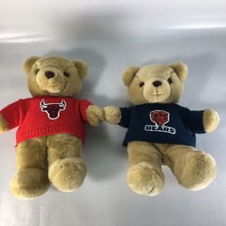 Vintage Hallmark Chicago Bulls and Bears Plush 11” Teddy Bear With Sweaters Lot of 2