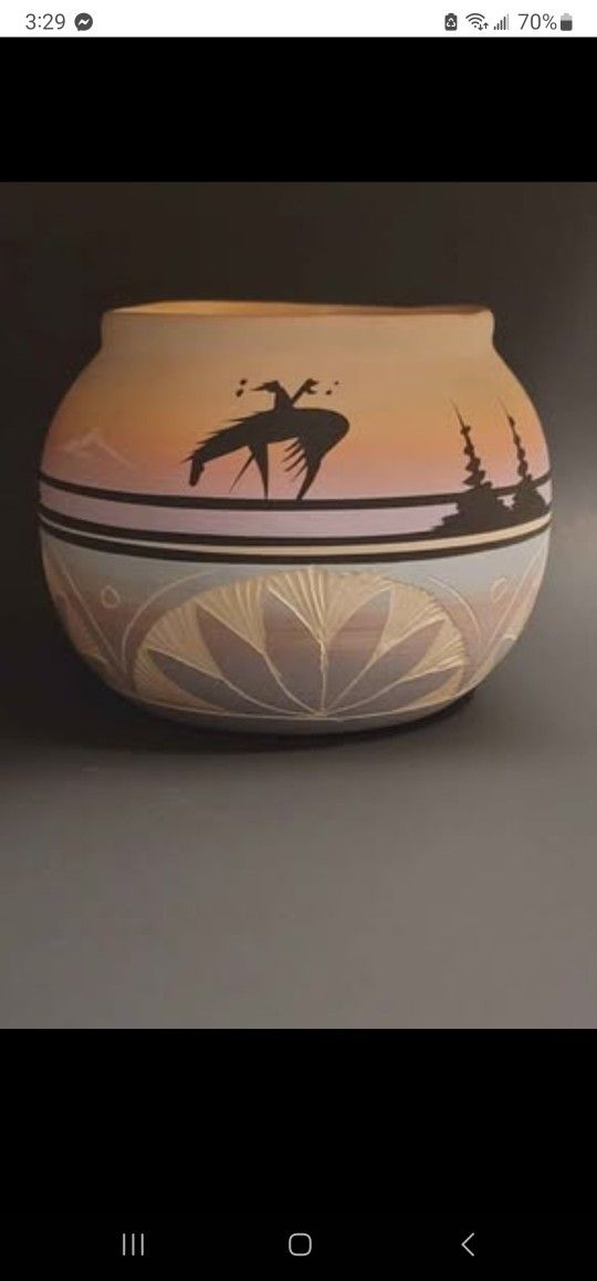 Navajo Native American Bowl Proud Warrior Silhouette Sunset Etched Pottery Vase -Signed