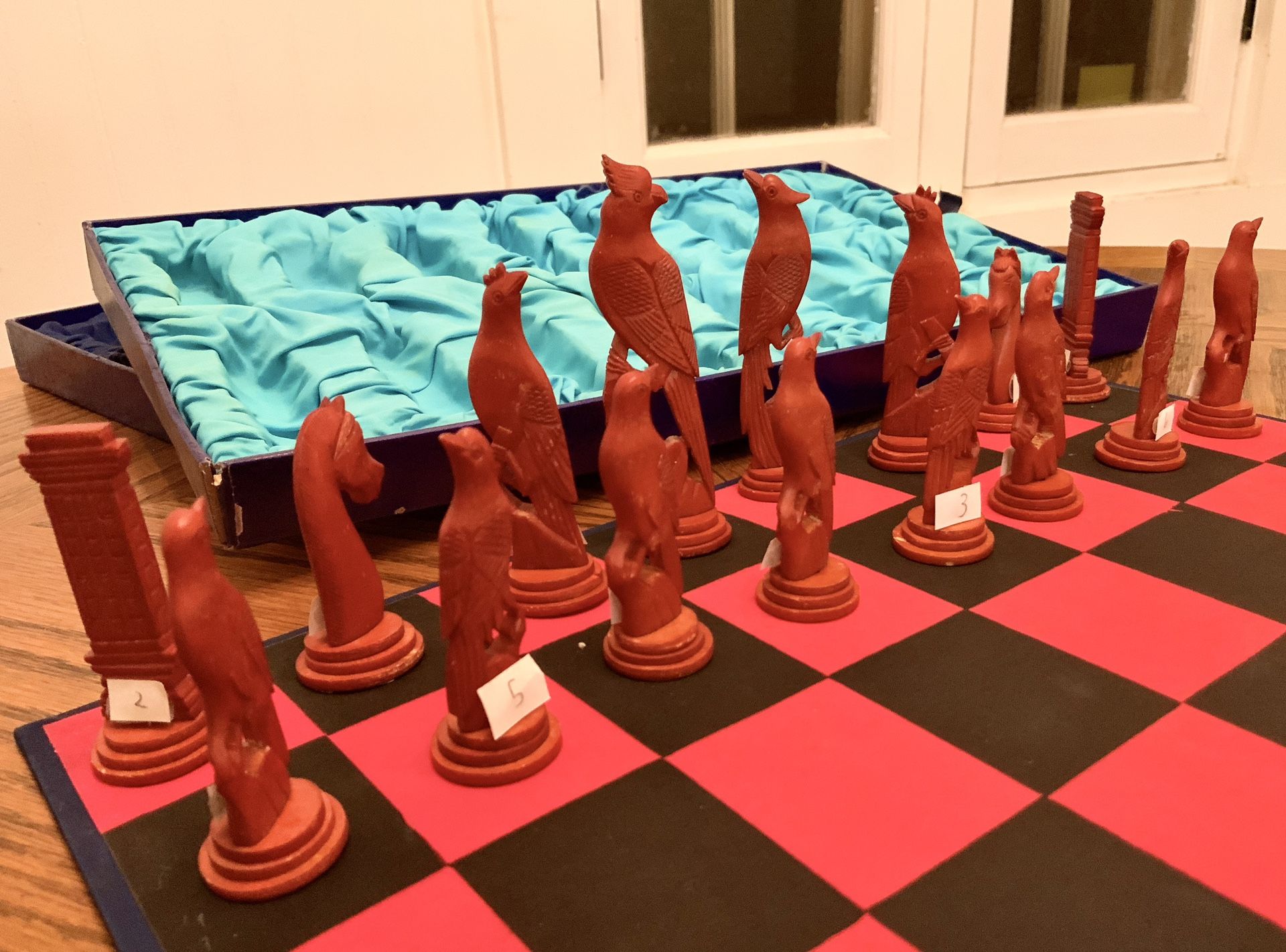 Antique Vintage Carved Bird Chess Set Ornithology Board Game