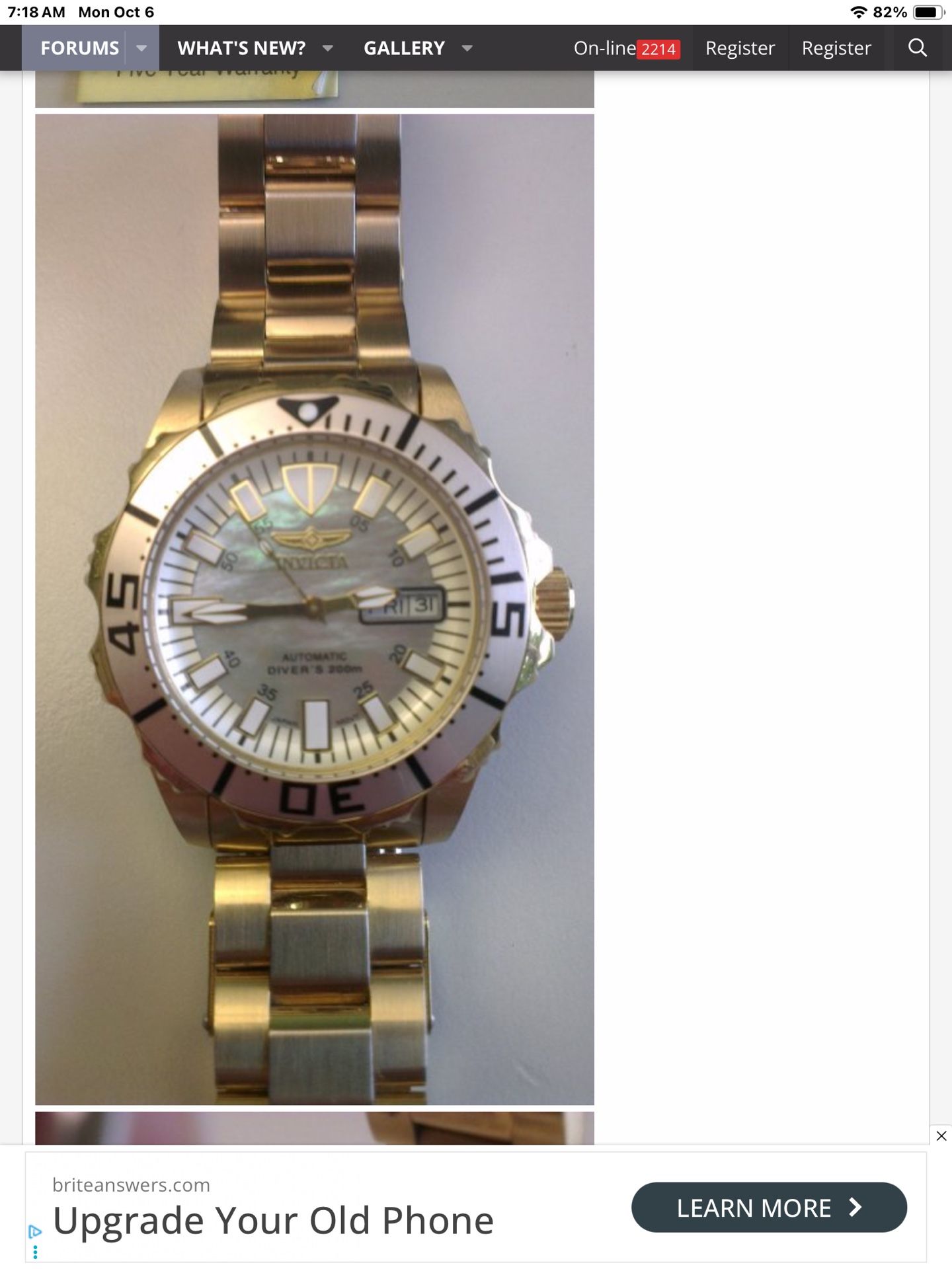 Invicta Watch Mother Of Pearl Pro Divers Model 2690 Abyss Yellow Gold Plated