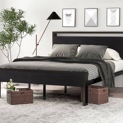 Full Size Metal Platform Bed Frame with Wooden Headboard and Footboard