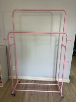 Portable Pink Double Rods Garment Clothes Rack for Drying with Rolling Clothes Organizer