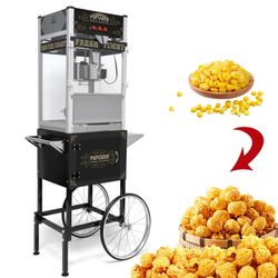Commercial Popcorn Machine with Cart and 20-Ounce Kettle,Vintage-Style Popper on Wheels with Tempered Glass, Warming Deck, 1450W Popcorn Popper for Pa