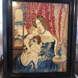 Large Antique Needlepoint Framed Picture Mom Daughter Dog Cat
