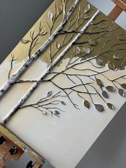 Handmade 3D Textured Birch Tree Painting – Modern Gold Neutral Wall Art