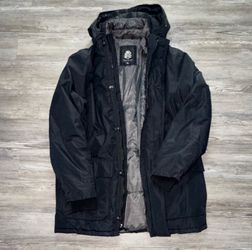 English Laundry Men's Black Hooded Lined Mid-Length Parka Jacket Zip/Button XL