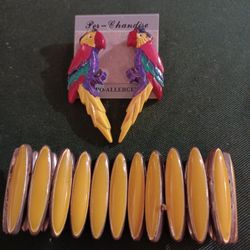 Very Nice Pair Bright Colors Bird Earrings  & A Bracelet 