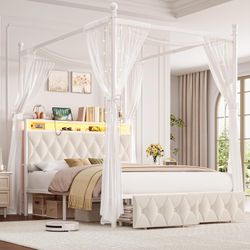 Queen Size LED Canopy Bed Frame with Storage & Charging Station,Beige 4 Removable Posts for Two-Use, Upholstered Button Tufted Storage Headboard w/Boo