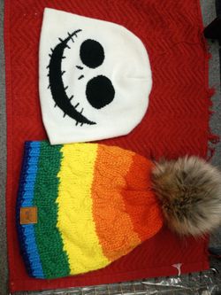 Two Winter Beanies – Skull and Rainbow Pom