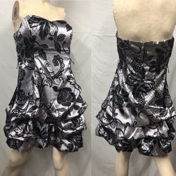 Y2k Silver/black Floral Satin Shirt Formal Dress Whimsigoth Party Occasion *11