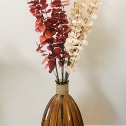 Tall Floor Standing Glass Vase With Artificial Floral Arrangement—-Excellent Condition