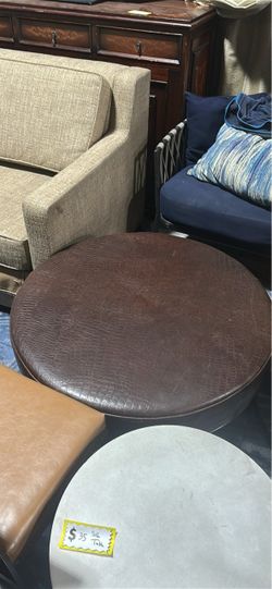 Round Brown Faux Leather Ottoman