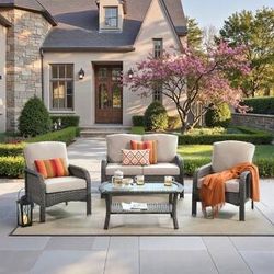 4pc Missisi Gray 4-Piece Wicker Patio Conversation Seating Set with Beige Cushions and Coffee Table