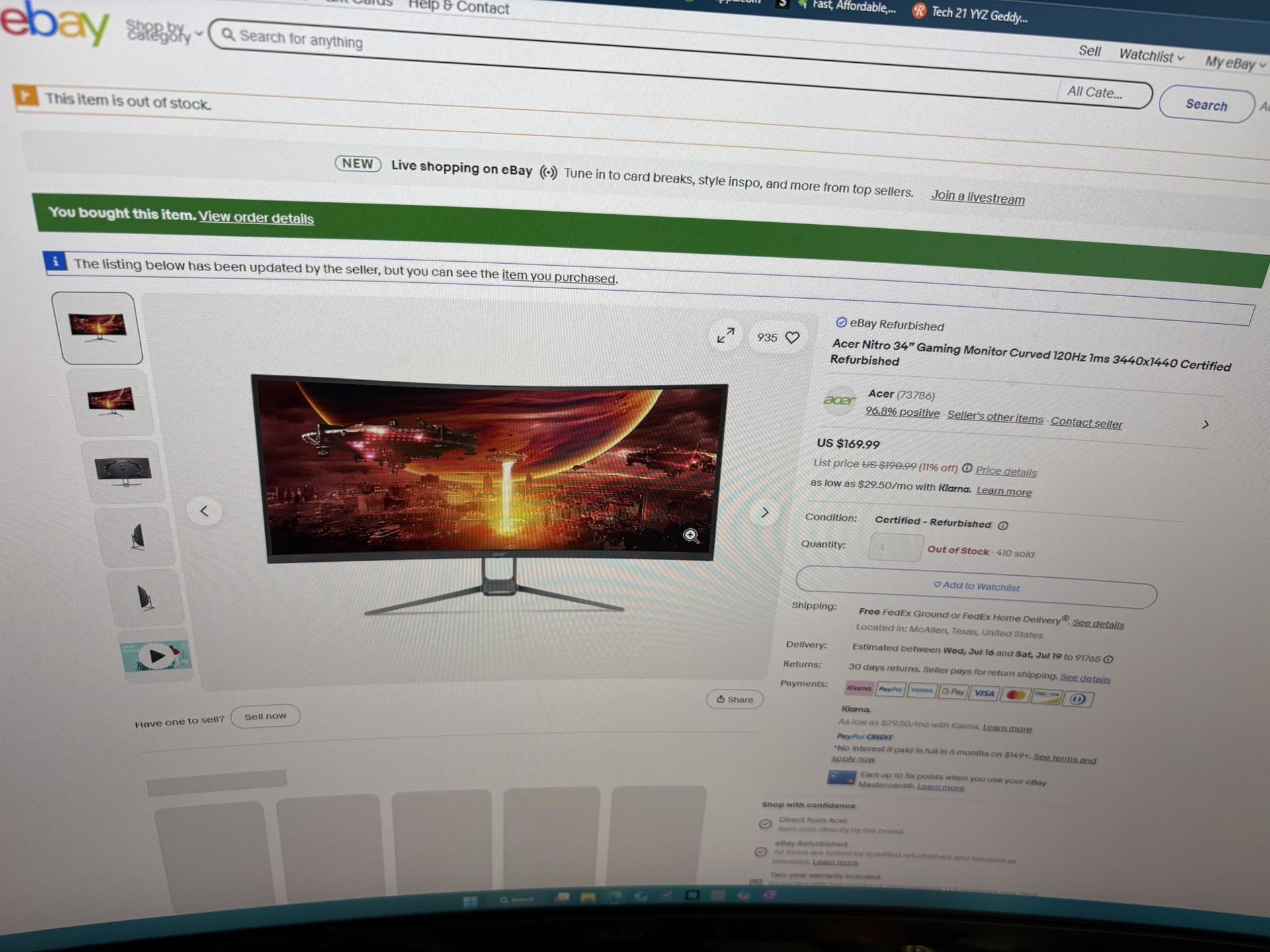 Acer Nitro 34” 1440p Monitor