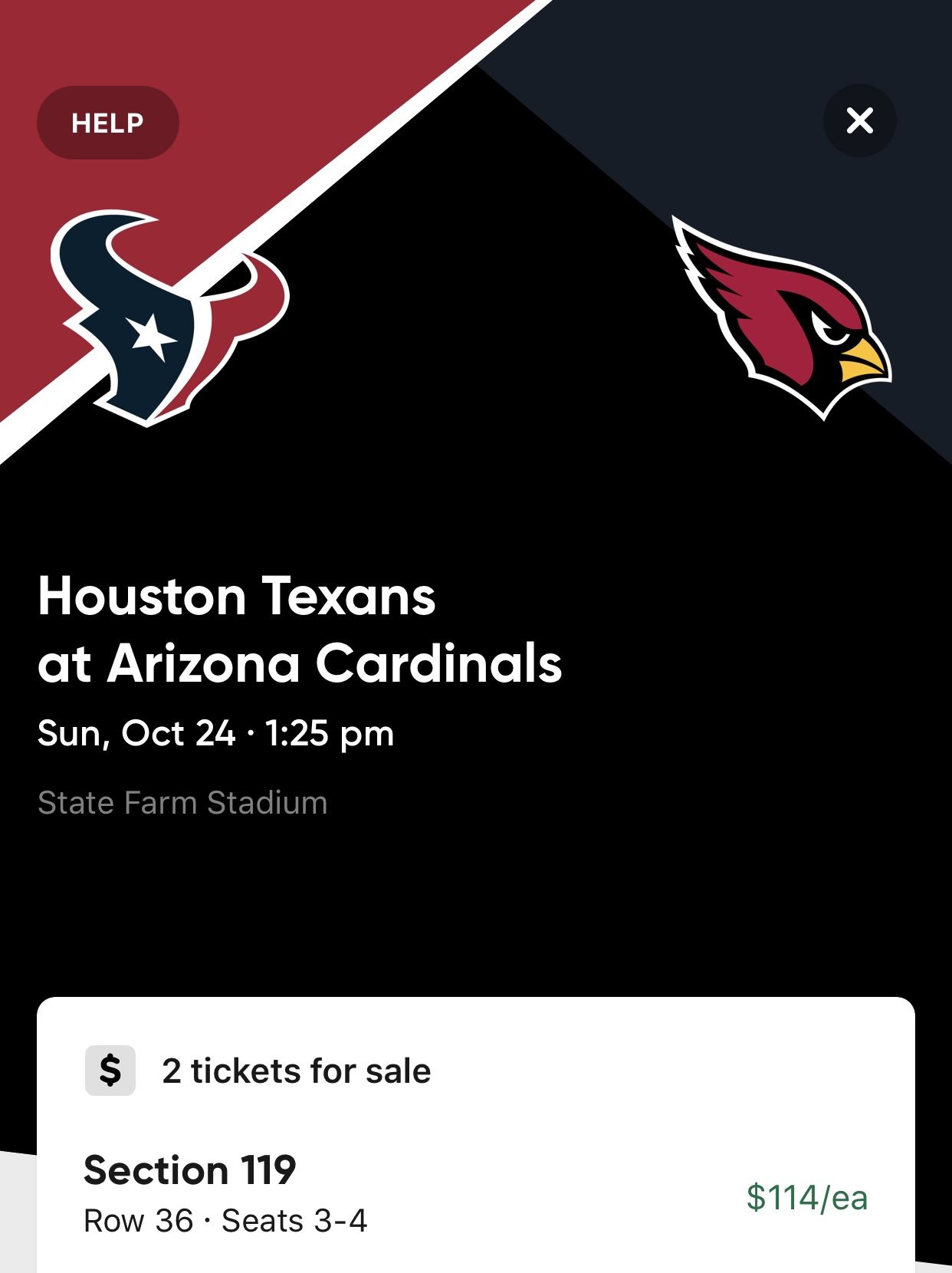 2 Arizona Cardinals vs Houston Texans tickets 