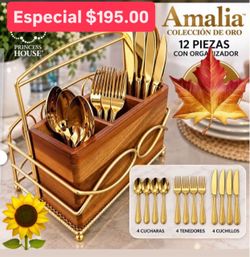 Set 12 piezas Cubiertos y Organizador $195.00 Especial Línea Nueva Gold Amalia Princess House Ventas Finales
