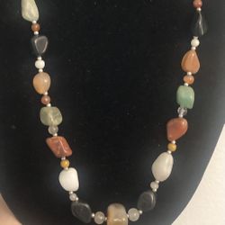 Vintage 925 Stamp 28” Assorted Polished Stone Necklace. Great Piece/Condition