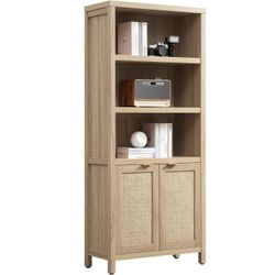 SICOTAS Bookcase 71" Tall Bookshelf 5 Tier Rattan Boho Bookcase with Doors Storage Large Book Case Shelf Farmhouse Bookshelves Library Book Shelves fo