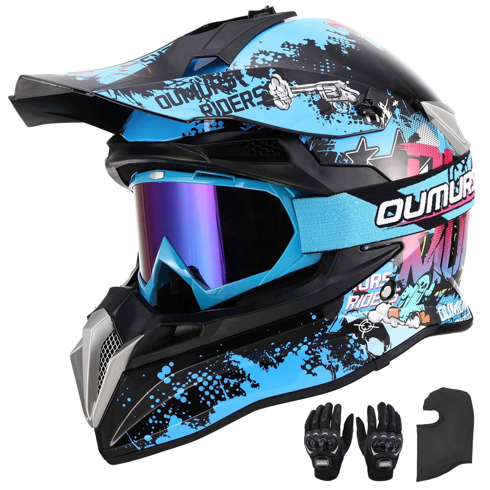 OUMURS Adult Dirt Bike Helmet with Goggles Gloves & Mask Adjustable Sun Visor for Unisex Adult-Blue Cowboy, XXL