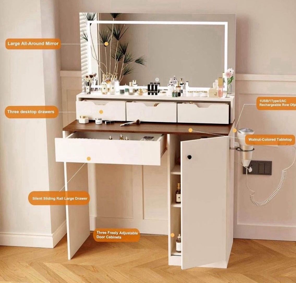 35.4" Dressing Table, Vanity Desk with 3 Lighting Modes Adjustable Brightness and Mirror, Makeup Vanities with Drawers and Storage. (Beige) New in bo